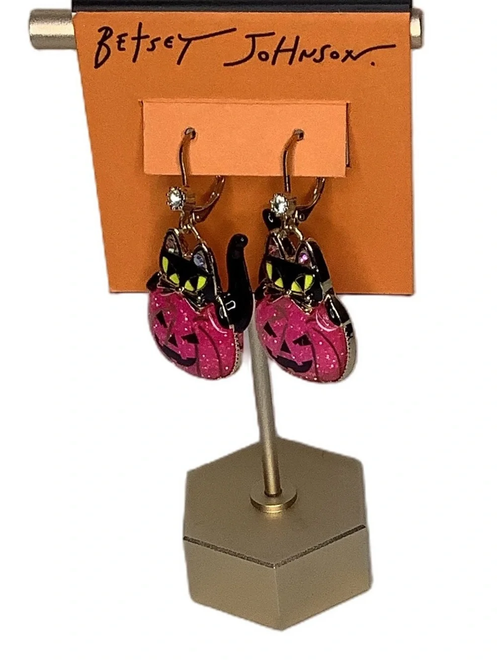 Betsey Johnson Halloween Black Cat Pink Pumpkin Drop Earrings New